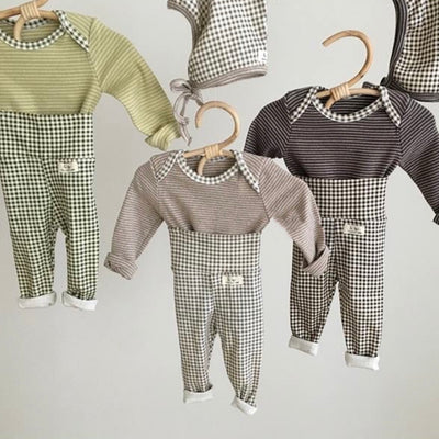 Korean baby gingham and stripe top and bottom set